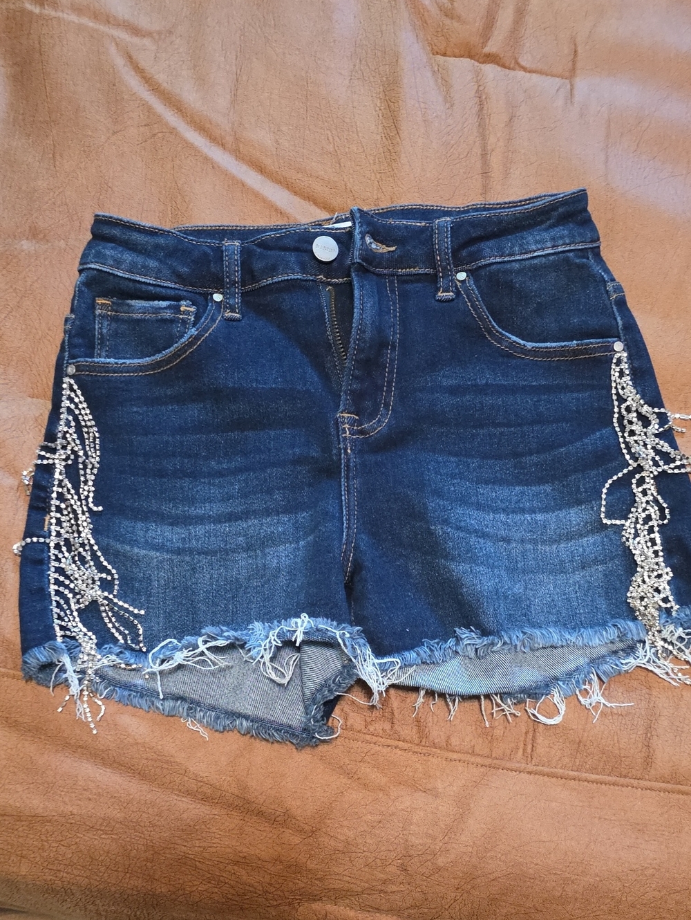 Dark Blue Denim Jean Shorts with Rhinestone Side Fringe